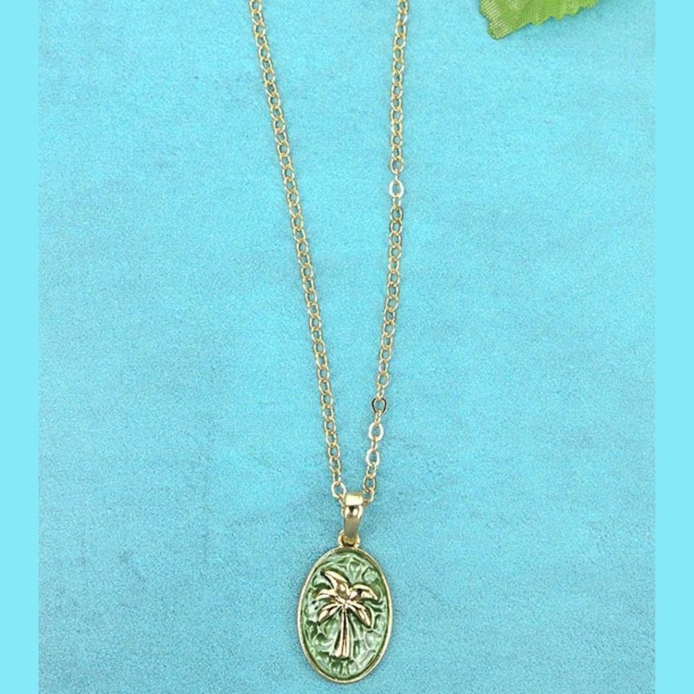 NO 3 Gold‎ & Green Resin Seaside Palm Tree Medallion Necklace NWT